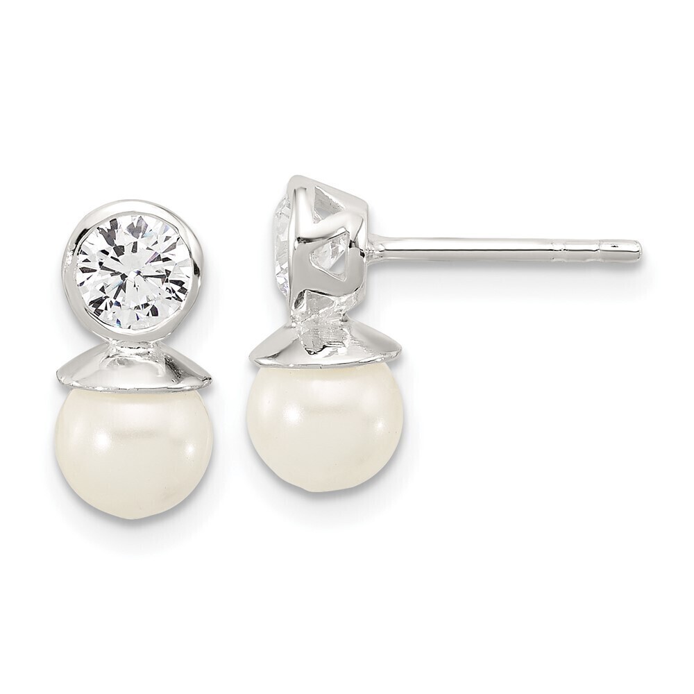 Kazi Luxury Sterling Silver Polished CZ and 6-6.5mm Glass Pearl Post Earrings